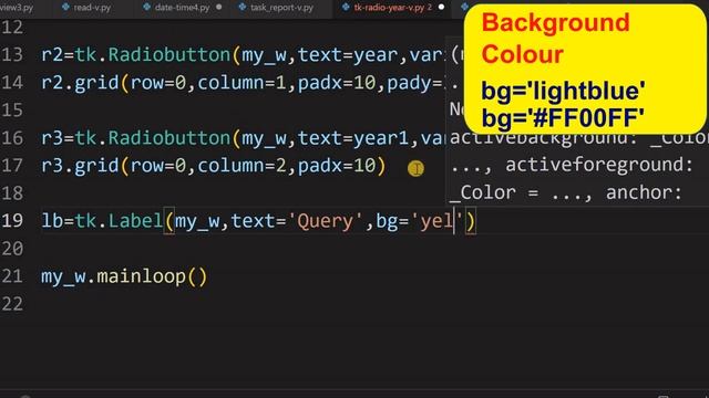 Tkinter Radiobuttons to select current next and previous years and to generate SQL query