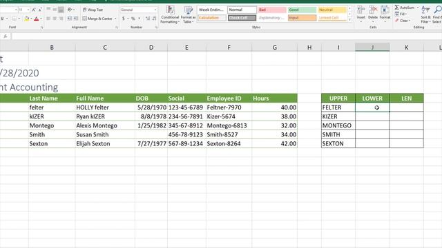 Excel 2019 Exam MO-200 - UPPER, LOWER, and LEN Functions