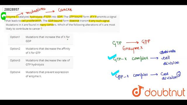 Enzyme X catalyzes hydrolysis of GTP into GDP. The GTP-bound form of X transmits a signal that l...