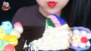 ASMR RAINBOW DESSERTS 무지개 유니콘 디저트 UNICORN PASTEL KOHAKUTO PEEPS MARSHMALLOW JELLO EATING MUKBANG 먹방