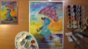 Как нарисовать осеннюю прогулку под дождем. Для малышей. Гуашь