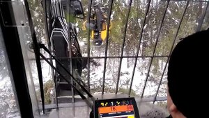 Работа харвестера вид из кабины