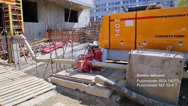 Тандем стационарного бетононасоса Putzmeister BSA1407D и стрелы Putzmeister MX32-4 T