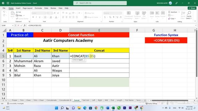 ?️ Concat Function Explained in Urdu / Hindi | Learn MS Excel with Aatir Academy 2022