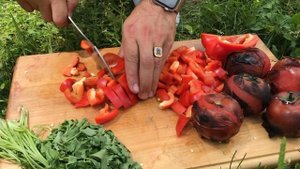 Печень говяжья томленая с луком, сладким перцем и томатами