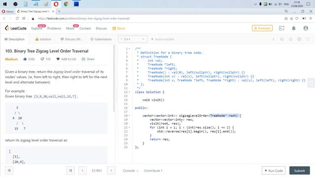 Разбор задачи 103 leetcode.com Binary Tree Zigzag Level Order Traversal. Решение на C++