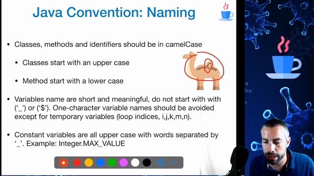 15 the java conventions, why important, camelCase, indentation, code formatting with IntelliJ
