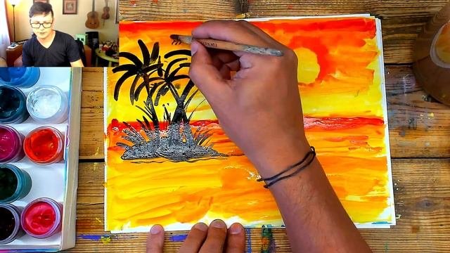 Красный закат на море - Рисуем красками смотреть онлайн