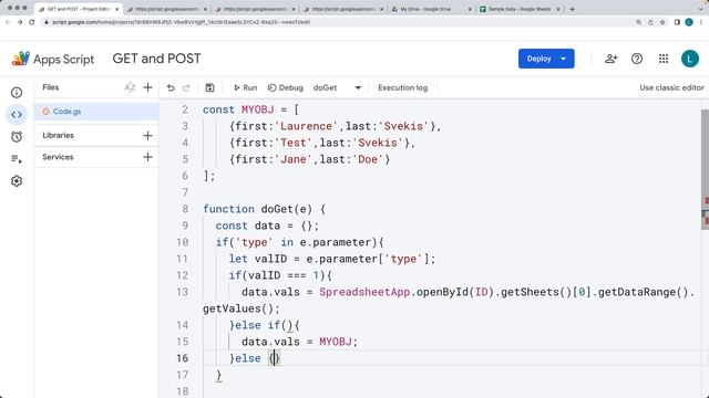 Apps Script Web App as Get and Post endpoint for JavaScript Google Apps Script Coding Example смотреть онлайн