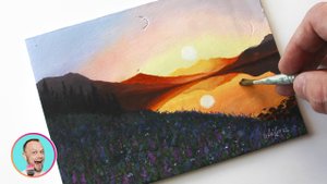 Как нарисовать закат в горах. И отражение солнца в воде. Акриловая живопись