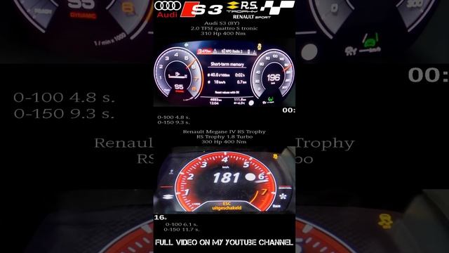 Acceleration 0-250 Audi S3 8Y vs Renault Megane IV RS Trophy and battle exhaust sound