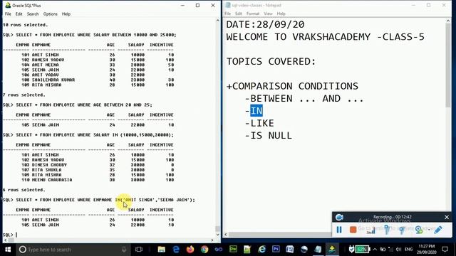Use of Between..And, Like, IN, IS NULL in SQL SELECT Command Using ORACLE 10g Part -5 | vrakshcadem