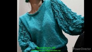 ДЖЕМПЕР ЗЕЛЕНЫЙ С АЖУРНЫМИ РУКАВАМИ/ОБЗОР/ВЯЗАНИЕ СПИЦАМИ