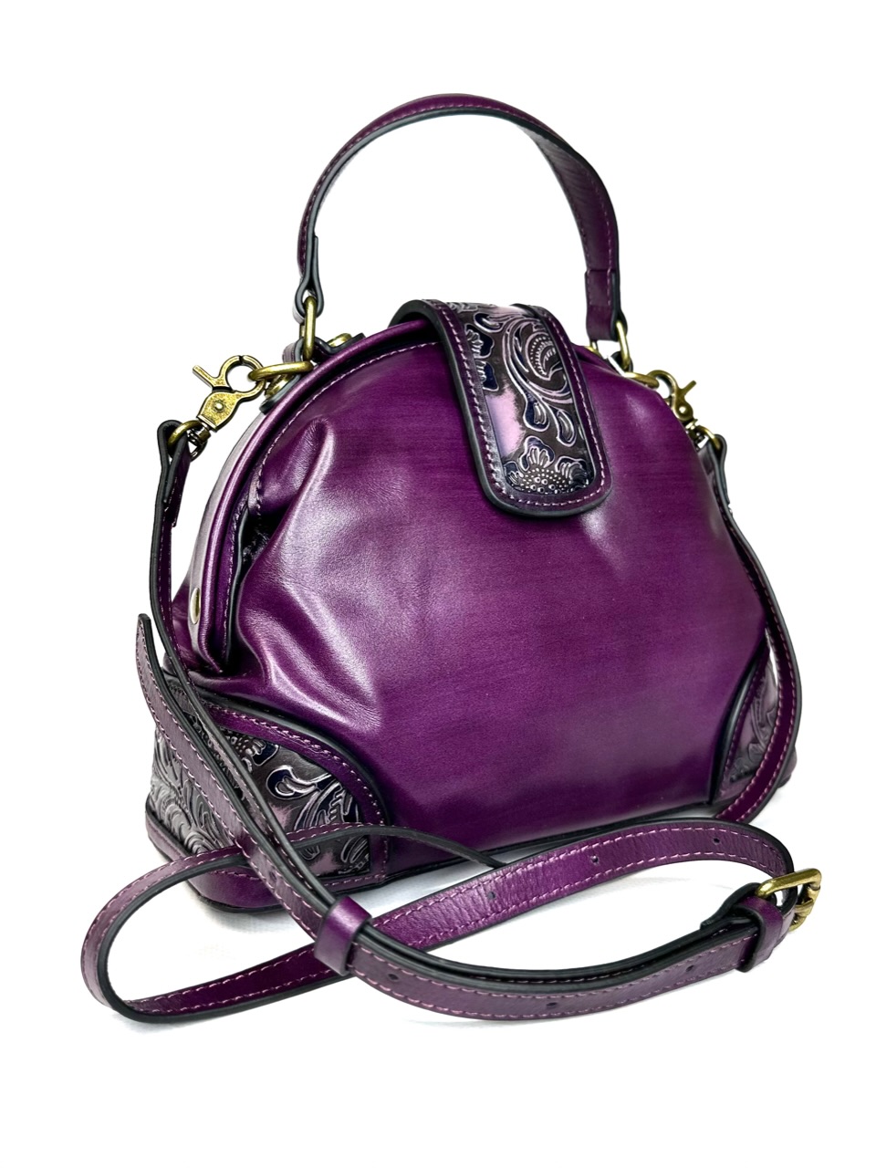 Женская темно-фиолетовая женская сумка саквояж через плечо в ретро стиле ручная обработка кожи
