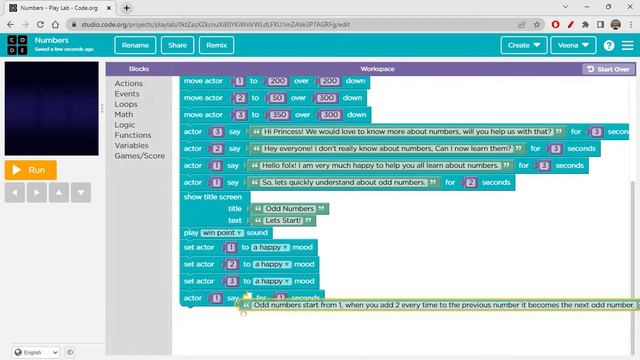 Odd and Even numbers as a story in play lab of code.org