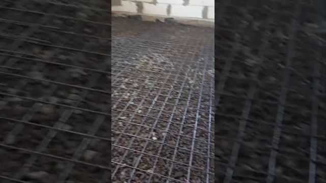 Выставляем маяки из профтрубы 20х40 для бетонной стяжки. Армировка  пола сеткой.
