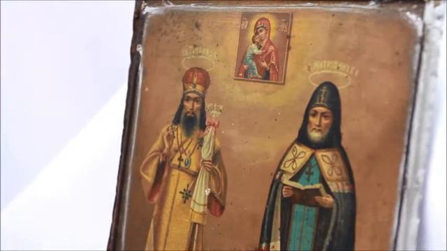 Купить икону от бесов - Старинная икона святые Тихон Задонский и Митрофан Воронежский. P0006 смотреть онлайн