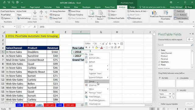 Excel Magic Trick 1267: PivotTable Automatic Date Grouping: New in Excel 2016 смотреть онлайн