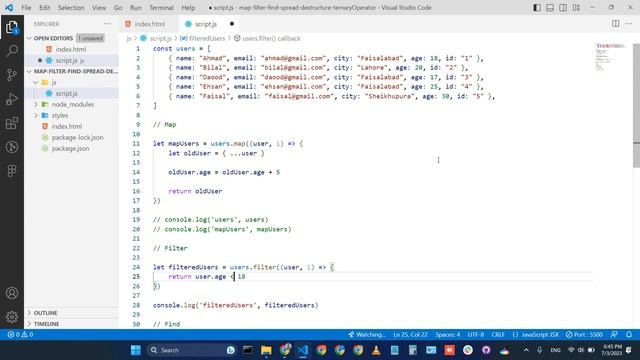 27 - JavaScript Class 14 | Advanced JS | Map | Filter | Find | Spread |Destructor | Ternary Operato