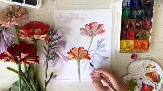 Цинии и хосты акварелью смотреть онлайн