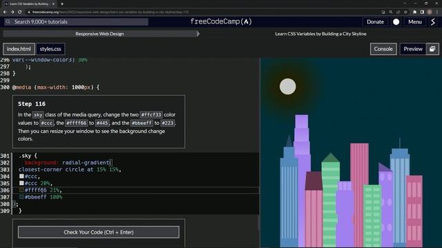 Learn CSS | FreeCodeCamp Learn CSS Variables by Building a City Skyline - Step 116