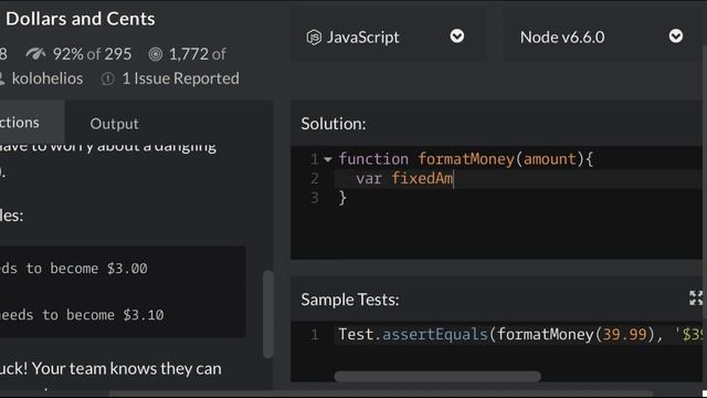 Codewars, Dollars and Cents , 2017 Javascript Implementation