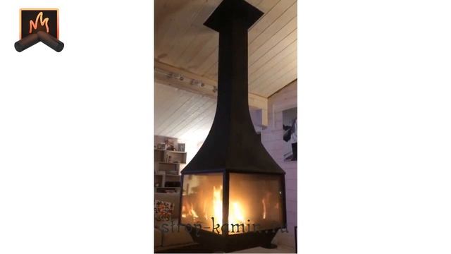 Дровяной камин FENIX Lira подвесной прямоугольной формы - монтаж в деревянном доме КП Огниково Парк смотреть онлайн