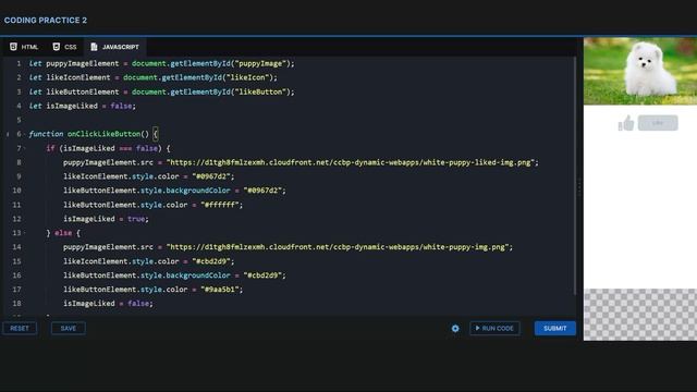 ccbp | Introduction to JS | coding practice 2 | Toggle Like And Unlike