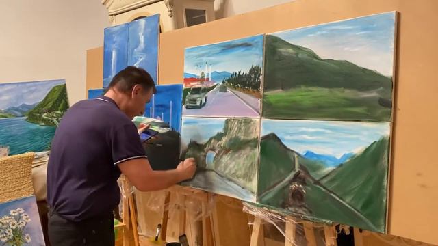 Master class (Yashurkaev method) simultaneous work on several canvases in oil on 9 canvases 1-этап)