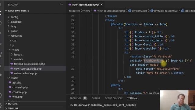How to implement Laravel Soft Delete | Laravel eloquent delete, restore, force delete, move to tras