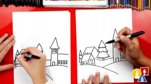 How To Draw A Winter Village Как нарисовать Пейзаж Деревня зимой