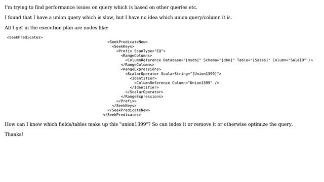 get table and field names from union in execution plan
