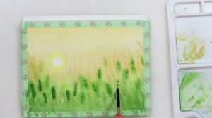 Watercolor GREEN FIELDS easy step by step painting tutorial - sunset over green wheat field