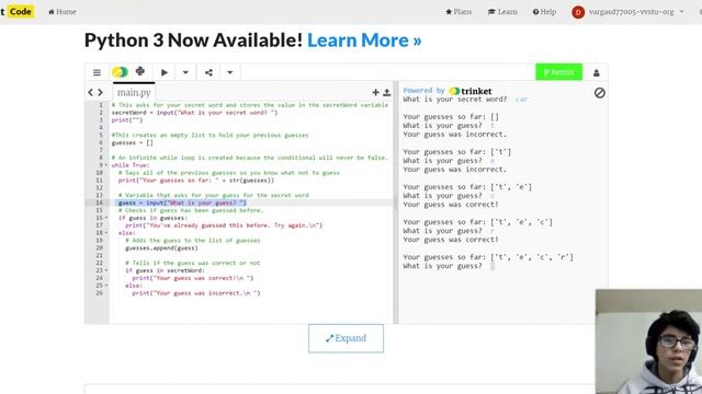 Code Challenge #3: Previously Guessed Letter(s) Hangman Code (Beginner Python Code)