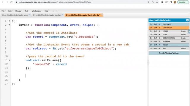 60 Integrate Code w/ Flow - Override Finish Behavior | Redirect to New Record thru Aura Component