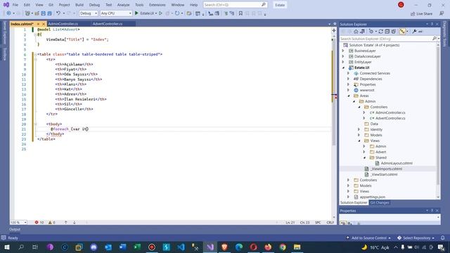 .Net Core 5.0 ile Emlak Sitesi - Admin Paneli Admine ait İlanların Listelenmesi