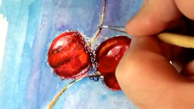 РИСУЕМ ВИШНЮ ПОД ВОДОЙ/РИСУНОК ВИШНИ В ВОДЕ/РИСУЕМ ВИШНЮ АКВАРЕЛЬЮ/ФРУКТЫ/РОСПИСЬ/ смотреть онлайн