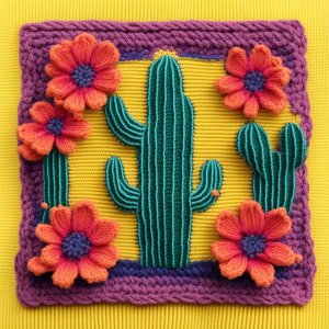 Вязаные квадратные мотивы с кактусами, созданные с помощью нейросети. Подборка №1.