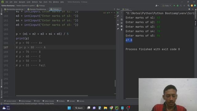 Find percentage and grade, Enter student marks || #if #else #elif #python || Python full Course