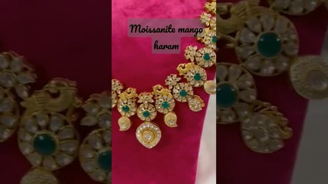 Beautiful gold copy moissanite emerald mango haram in silver gold plated jewellery