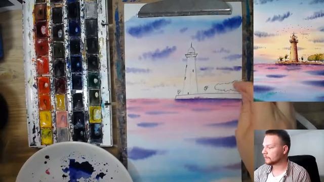 Рисуем маяк акварелью - бесплатный мастер-класс смотреть онлайн