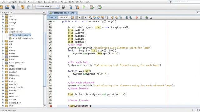 Display arraylist elements using for while foreach loops java