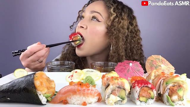 ASMR SUSHI RAW SALMON NIGIRI, ABURI, SUSHI ROLLS & HAND ROLLS |SAMYANG FIRE SAUCE SUSHI MUKBANG