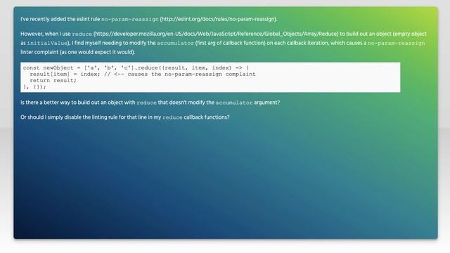 How to handle eslint no-param-reassign rule in Array.prototype.reduce() functions смотреть онлайн