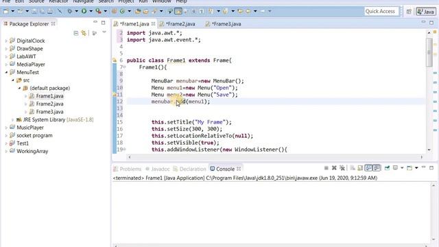 Simple use of MenuBar, Menu and MenuItem in JAVA swing смотреть онлайн