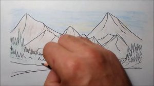 РАСКРАСКА Горный пейзаж цветными карандашами.