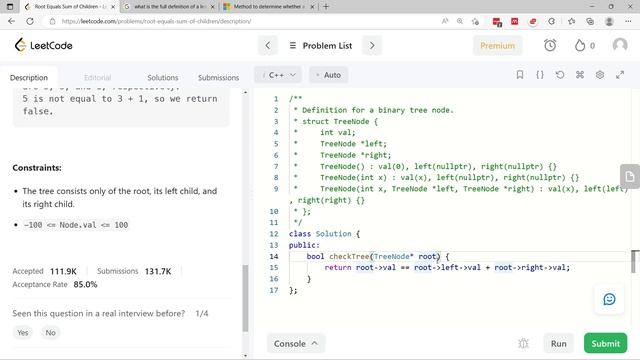 Root Equals Sum of Children - LeetCode 2236 Solution in C++ (LeetCode Math)