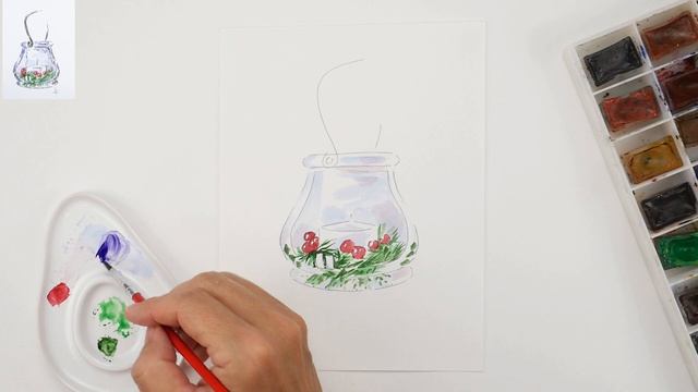 Как нарисовать новогодний подсвечник? Рисуем акварельные открытки. смотреть онлайн