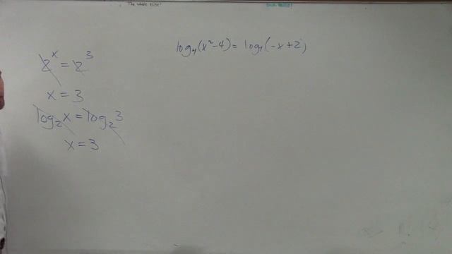 Applying equality property of logarithms to solve by factoring, log4 (x^2 -4)=log4 (-x+2)