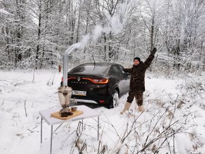 Ура, зима! Рено Аркана. Самовар. Лес. Снег.